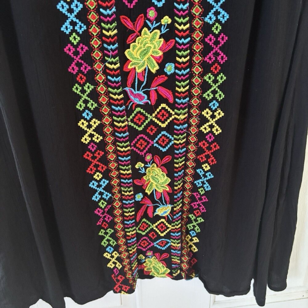 Embroidered Mexican Women Midi Dress Colorful Sleeveless Black L Bohemian Floral - Picture 4 of 10